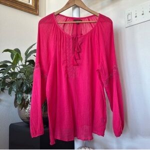 Lane Bryant Boho Gauze Peasant Blouse/Top/Shirt Sz 14/16 hot pink Crochet detail
